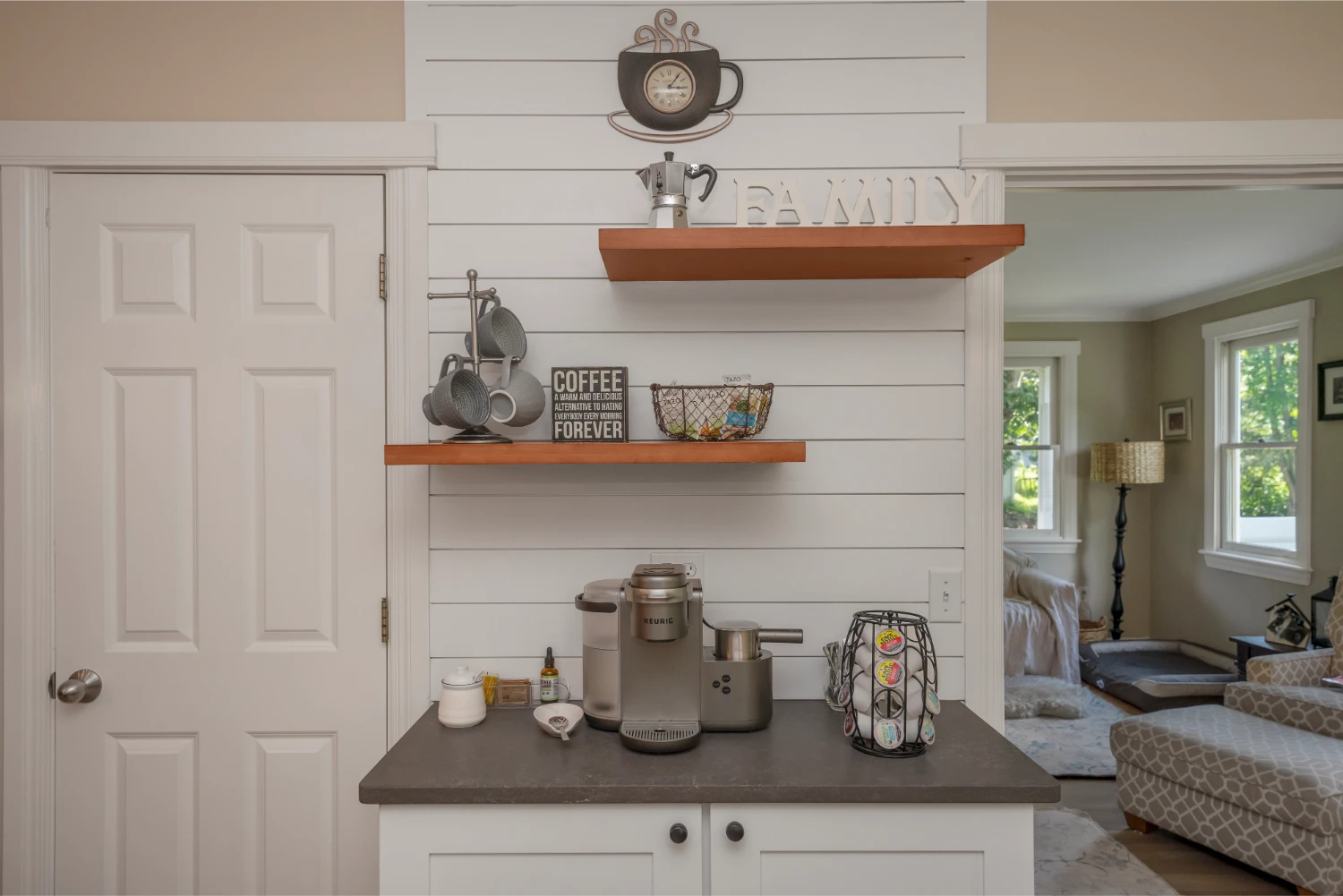 personalized coffee nook with wooden floating shelves