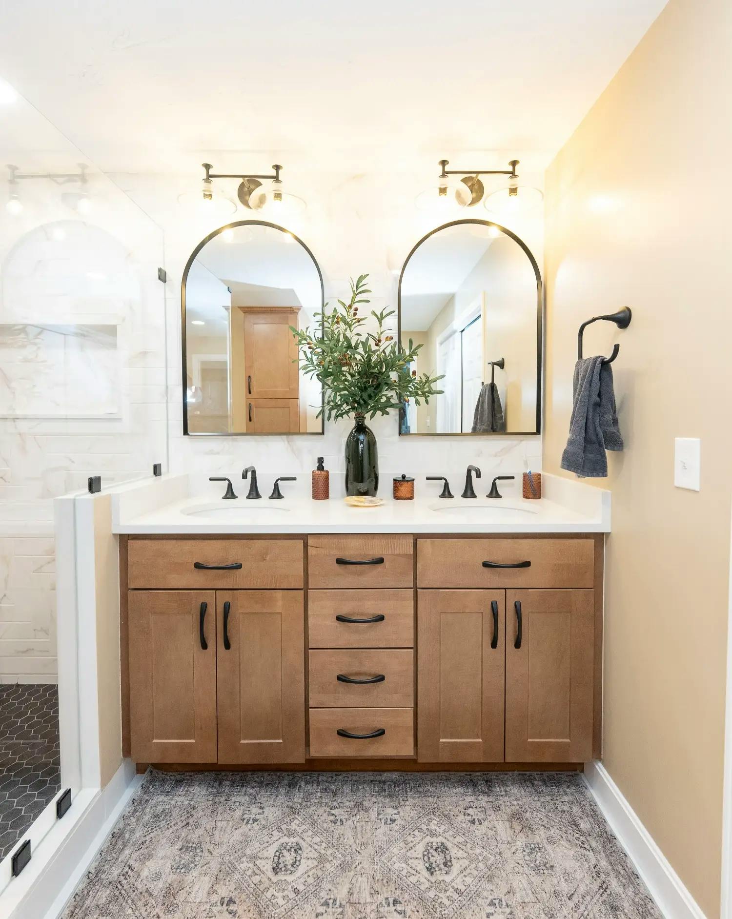 custom wooden bathroom vanity with dual sinks